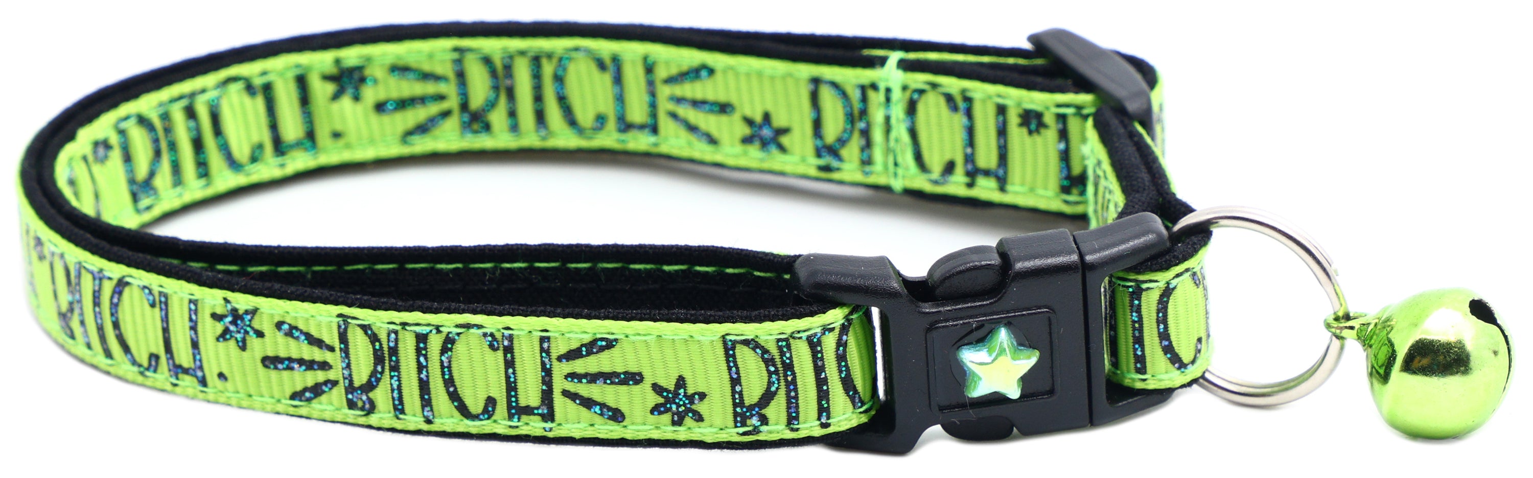 Bitch 2 Breakaway Cat Collar in reinforced cotton with breakaway clips and removable bell, available in various sizes.